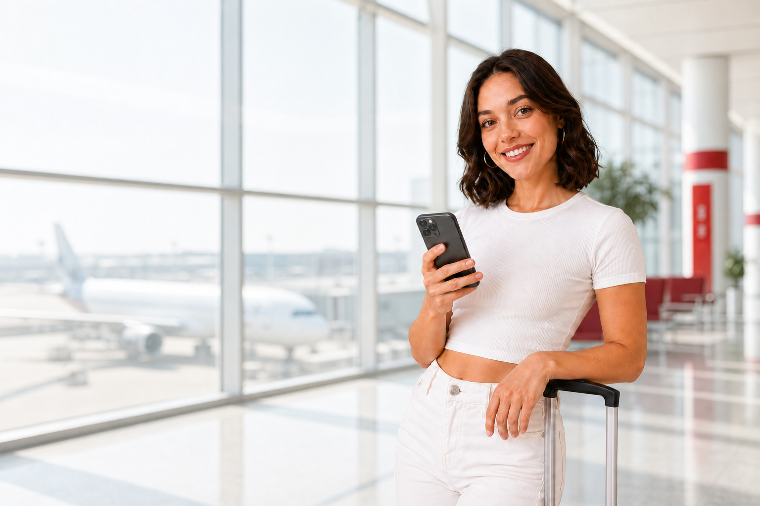 Udhëtare me telefon dhe valixhe në aeroport